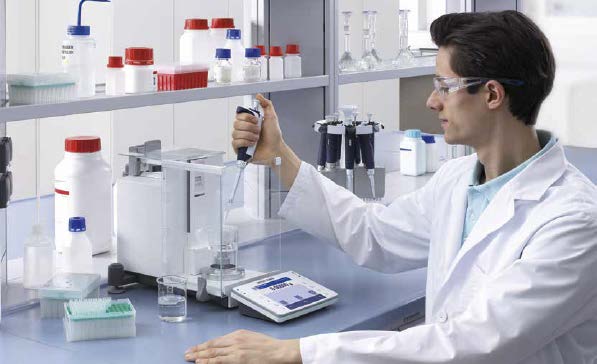 Calibration lab with pipette and balance equipment
